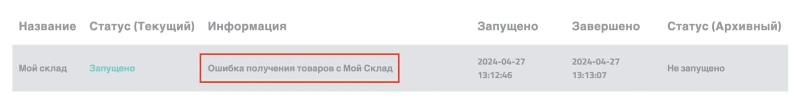 Публичная строка истории Sellzona с ошибкой получения товаров из МоегоСклада