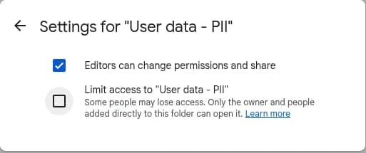 Официальный пример Google Drive: настройки ограничения доступа к папке.
