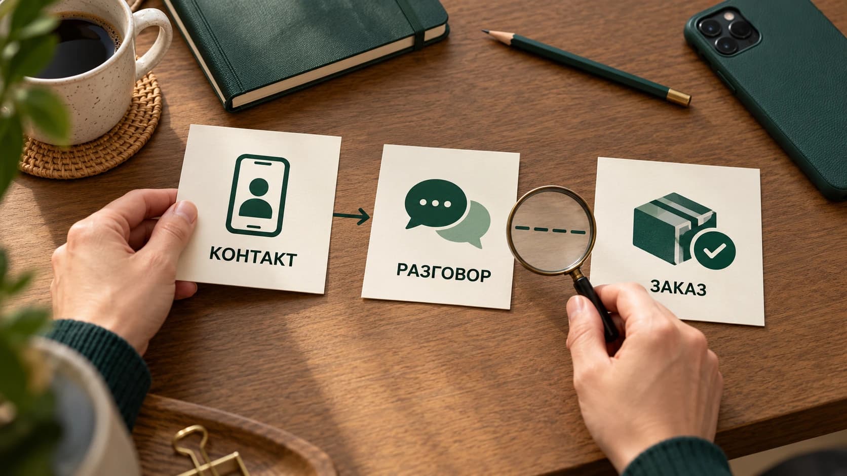 Редакционная иллюстрация трёх разных этапов: контакт, разговор и заказ