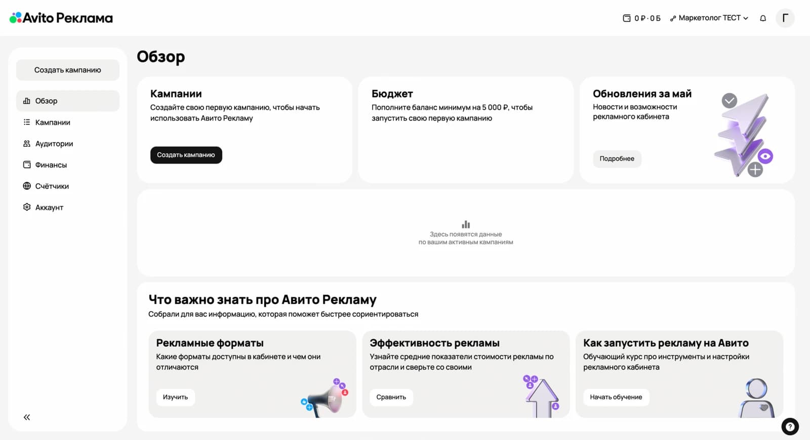 Экран обзора кабинета Авито Рекламы с кампаниями, бюджетом, показателями и рекламными форматами