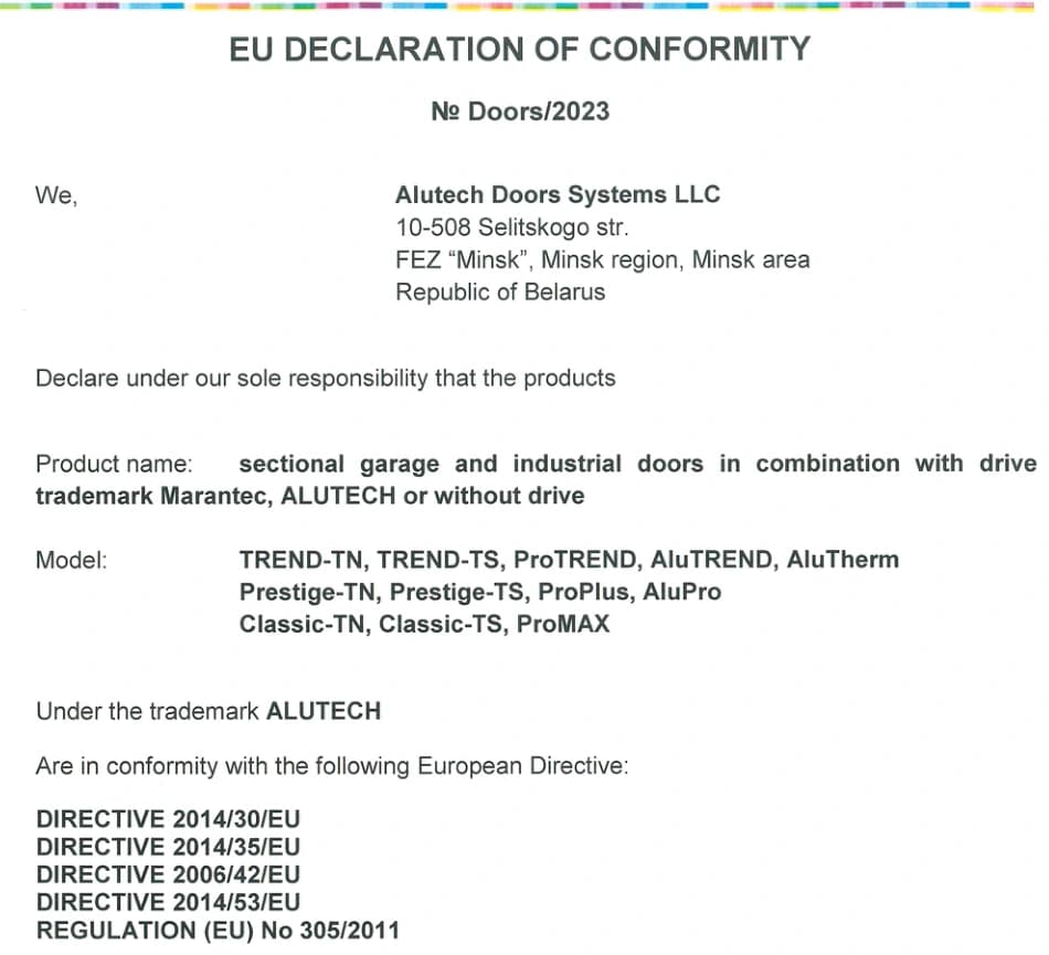 Нативная EU Declaration of Conformity АЛЮТЕХ перечисляет продукцию и конкретные модели.
