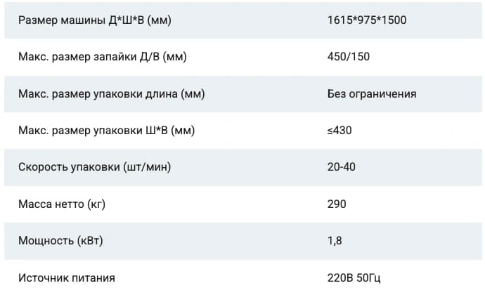 Нативная таблица FL-5545TBC: размер машины, ограничения упаковки, питание и другие параметры.