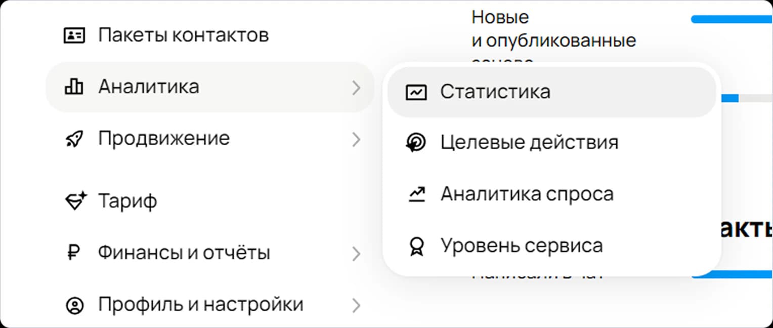 Публичный экран Авито Pro с разделом Аналитика и пунктами Статистика, Целевые действия и Аналитика спроса