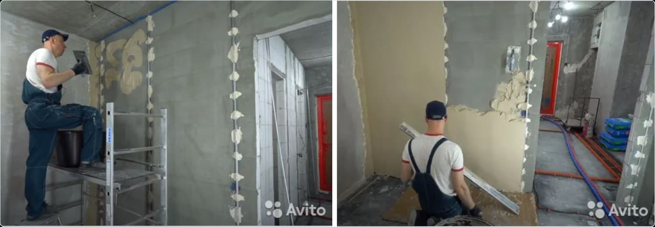 Два снимка мастера, который наносит и выравнивает штукатурку на стене в помещении.