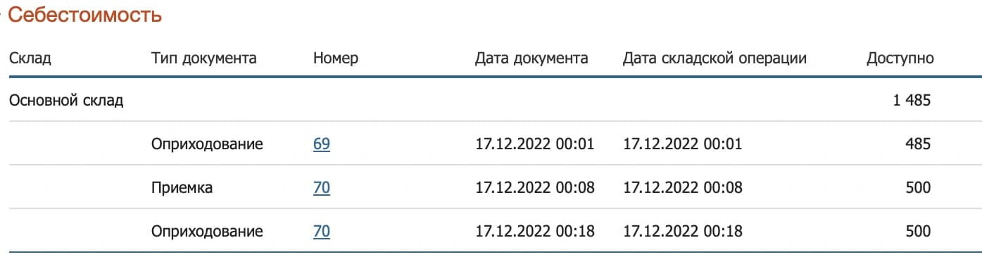В детализации МоегоСклада показаны склад, документы поступления и даты складских операций.